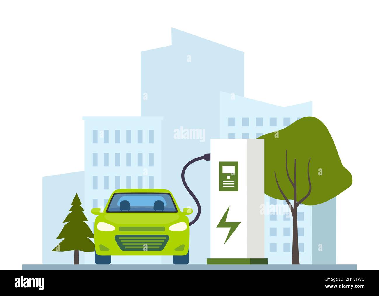 Green electric car charging, front view. Modern urban landscape with