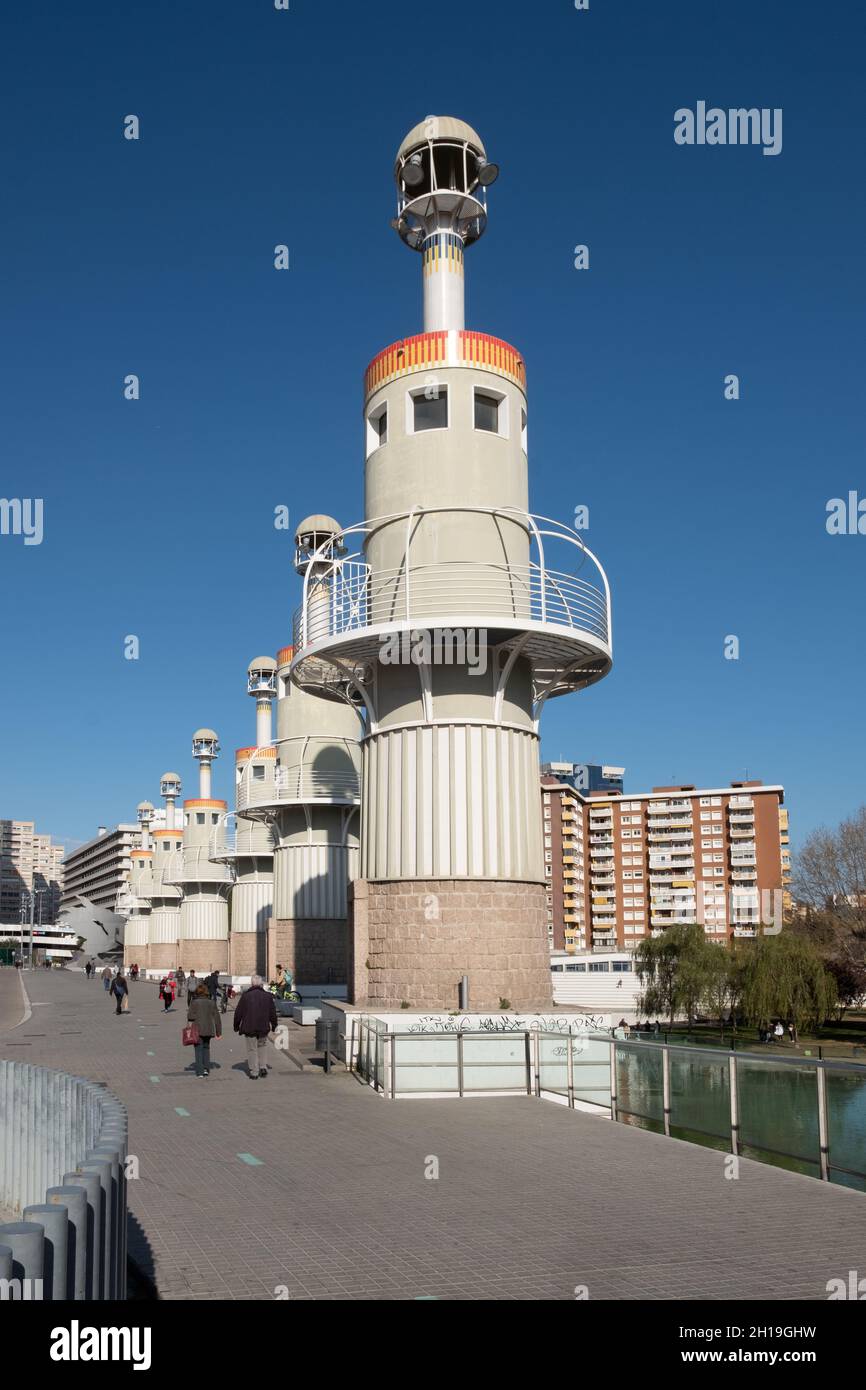 Several rotund towers in the Parc de L'Espanya at the forecourt of Barcelona railway station. Stock Photo