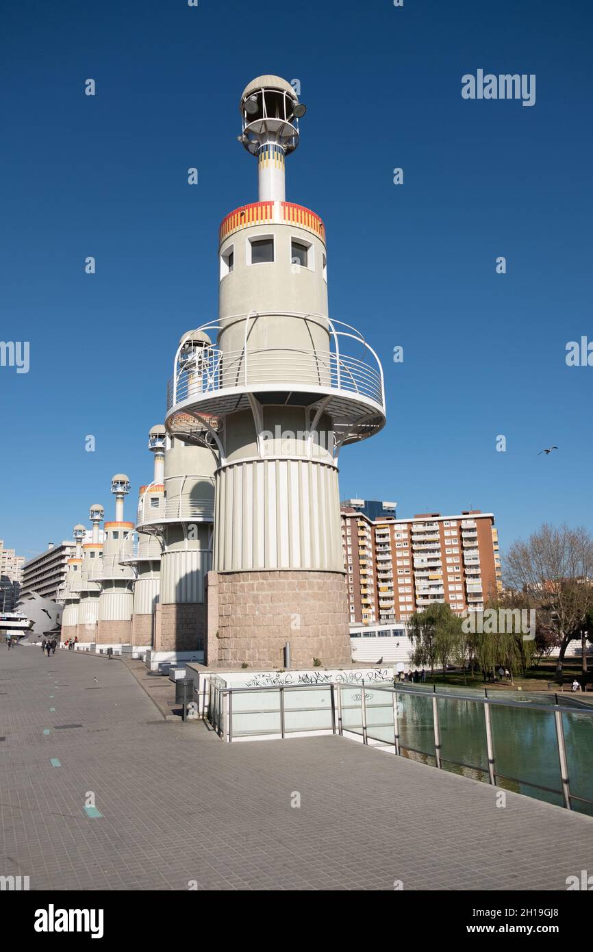 Several rotund towers in the Parc de L'Espanya at the forecourt of Barcelona railway station. Stock Photo