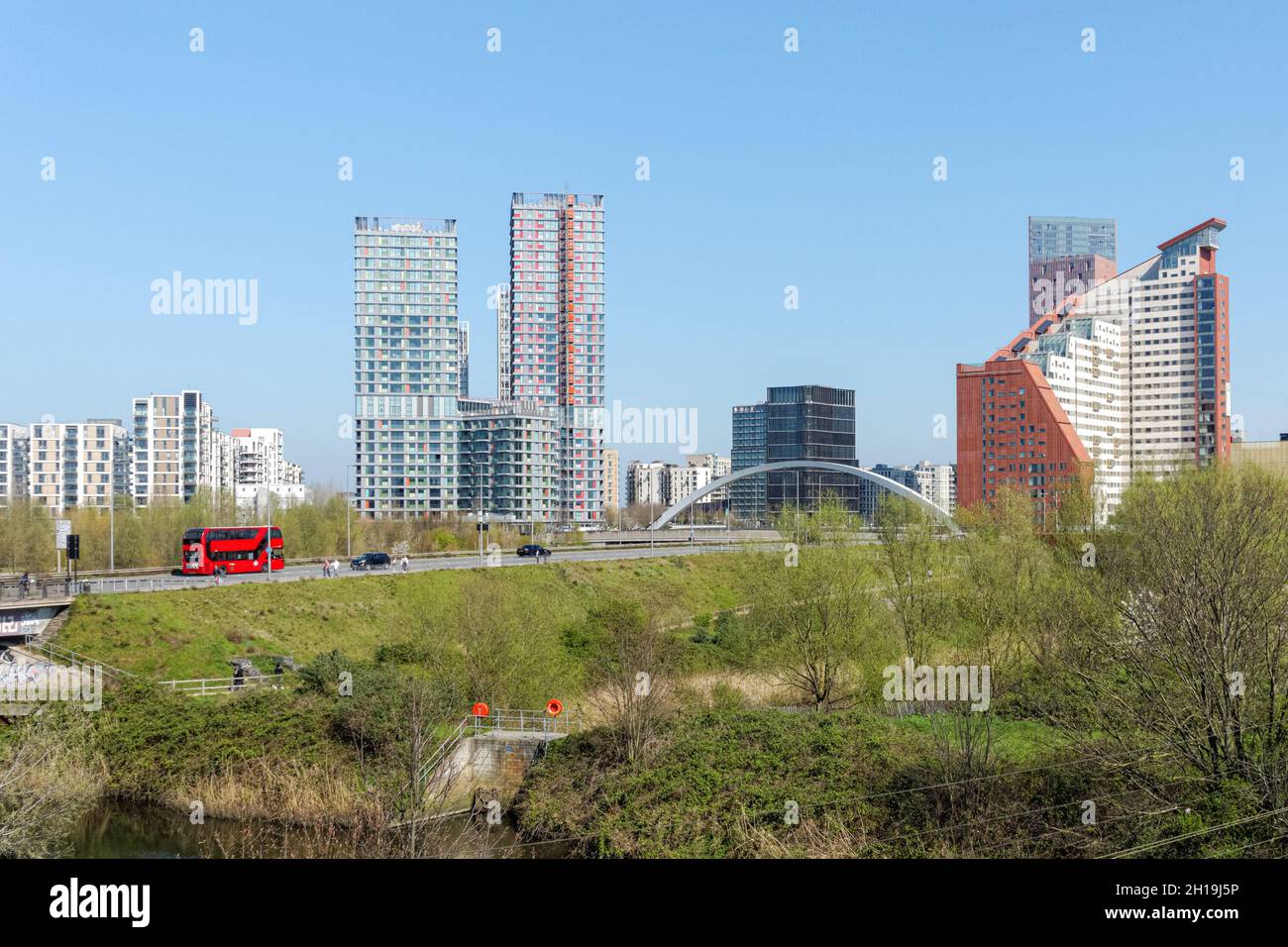 Residential buildings in East Village (left) and student accommodation building Stratford One (right) at Stratford, London England United Kingdom UK Stock Photo