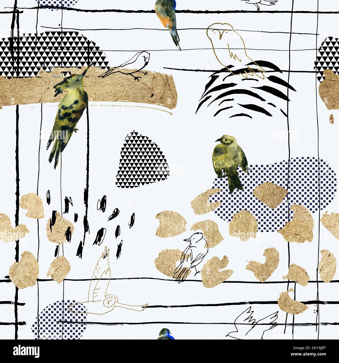 Seamless pattern with watercolor hand-drawn birds, golden elements ...