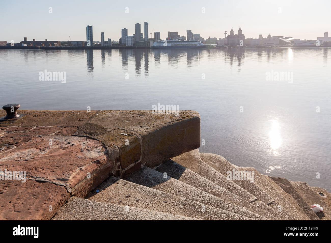 Birkenhead, UK: Liverpool waterfront and River Mersey viewed from the banks of the Wirral. Stock Photo