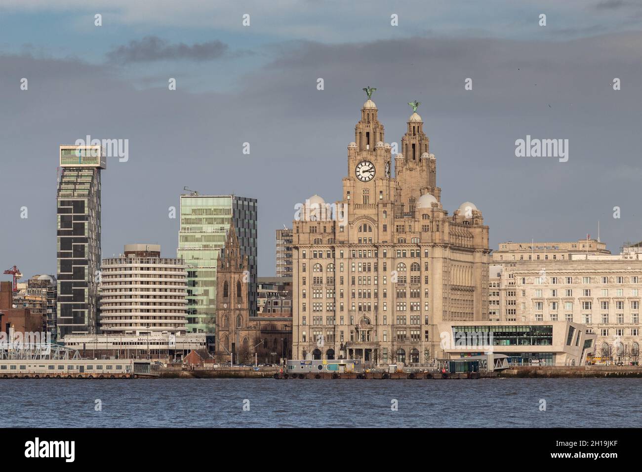 Liverpool, UK: Royal Liver building on the city's historic waterfront, overlooking the River Mersey. Stock Photo