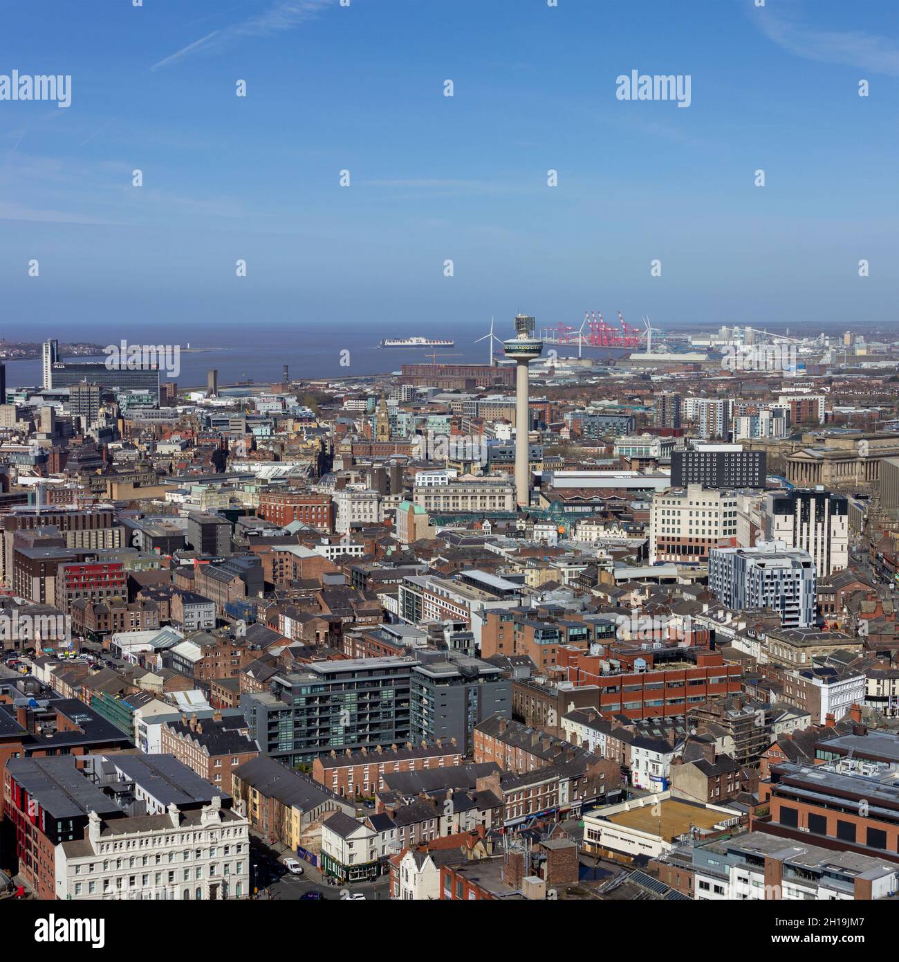 Liverpool, UK: Aerial view of city centre, including St Johns beacon (Radio City Tower) Stock Photo