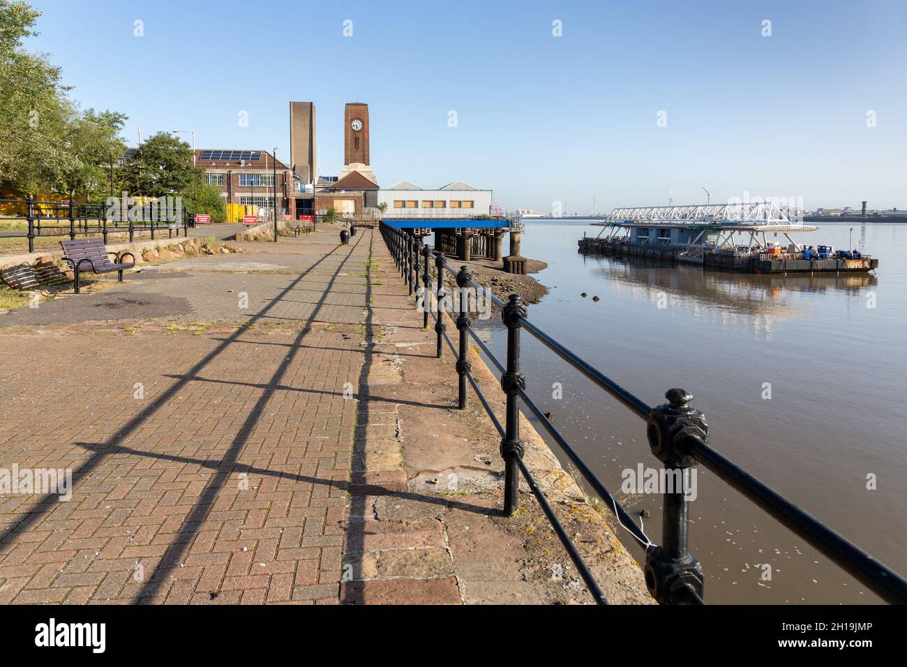 Birkenhead, UK: Promenade at Seacombe Ferry Terminal on River Mersey, main crossing point to Liverpool. Stock Photo