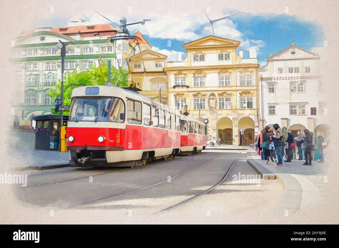 Watercolor drawing of Prague: Typical old retro vintage tram on tracks near tram stop in the streets of Prague city in Lesser Town Mala Strana distric Stock Photo