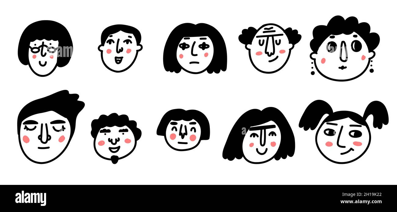 Doodle face. Caricature avatar set. Cartoon cute hipster persons ...