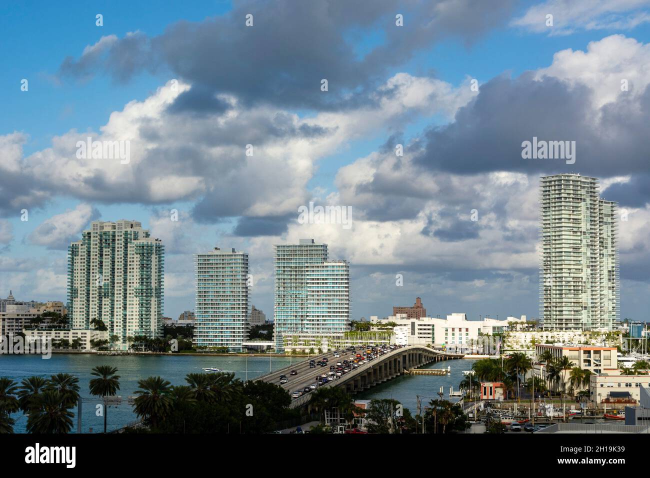 A view of the MacArthur Causeway and modern buildings in South Beach. South Beach, Miami Beach, Florida. Stock Photo