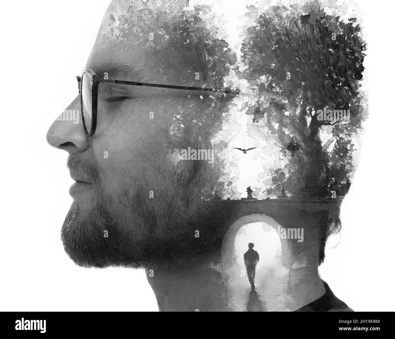 Paintography. A black and white portrait of a man combined with a painting. Stock Photo