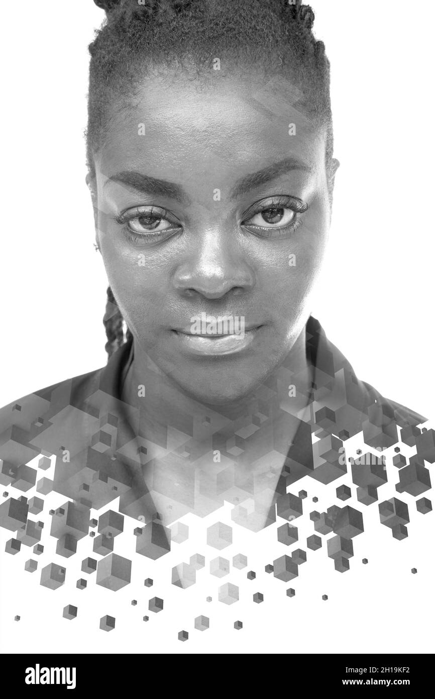 A double exposure full face portrait of a young woman combined with 3d cubes. Stock Photo