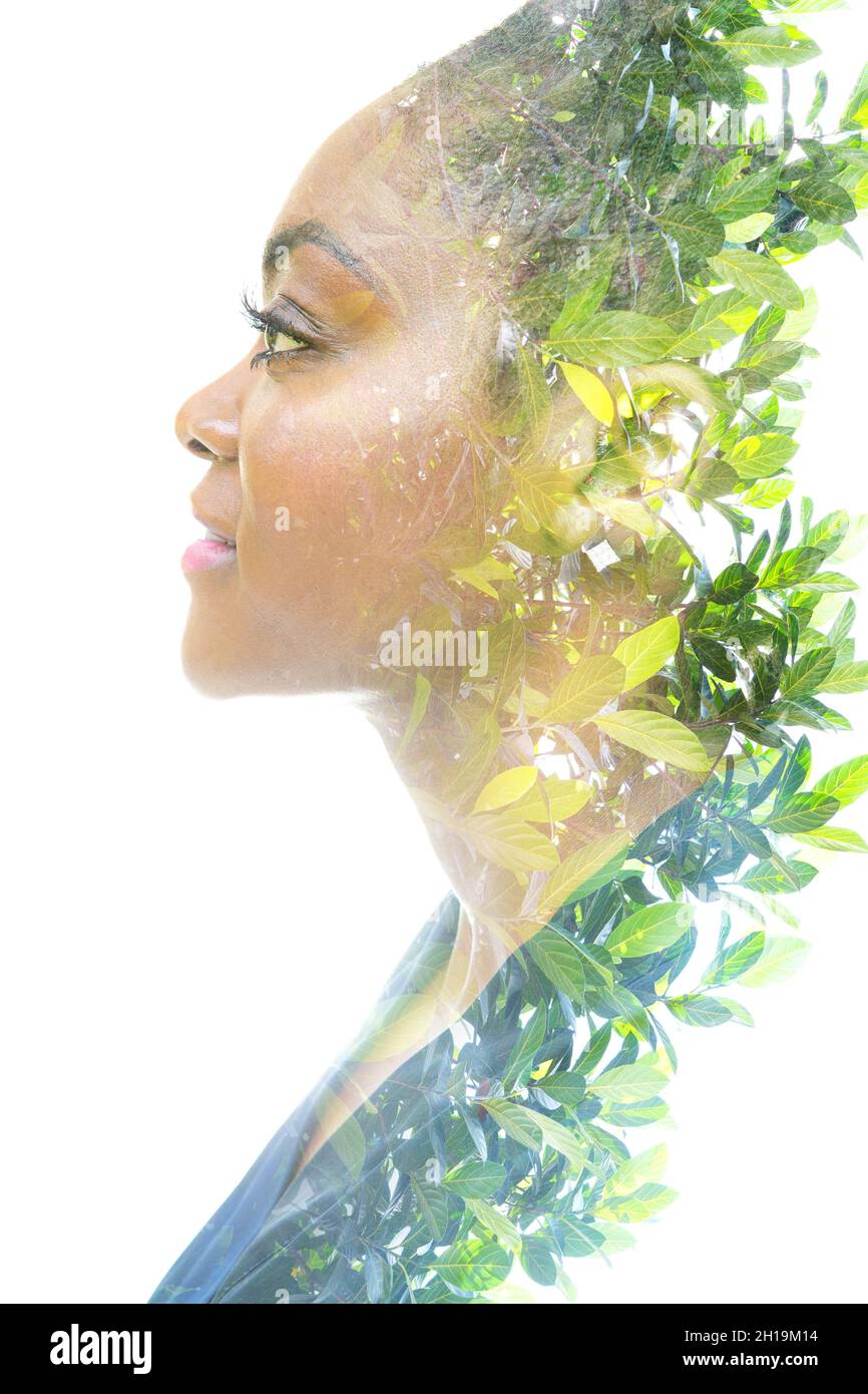 A profile portrait of a woman combined with wild nature in a double ...