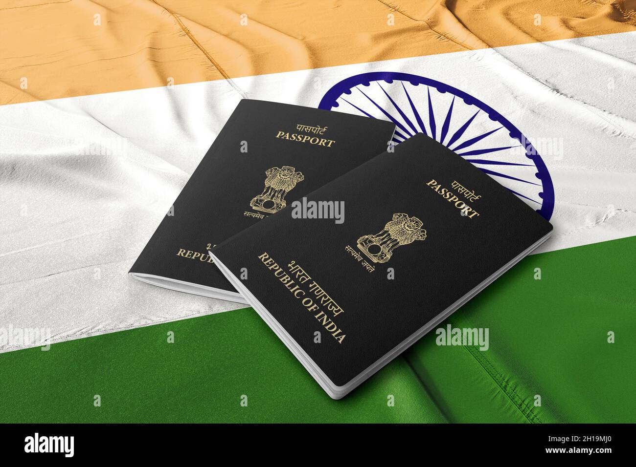 India passport on the Indian flag, Indian citizenship, Asian countries Stock Photo