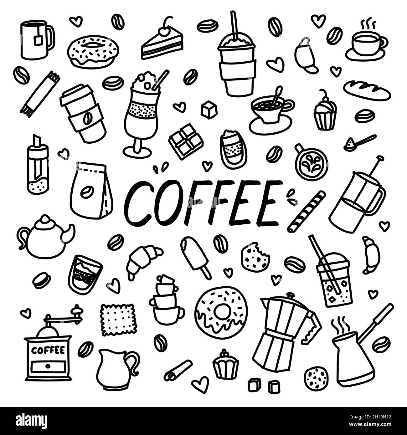 Coffee doodles. Hand drawn drinks and bakery for cafe menu. Vector cartoon sketch Stock Vector