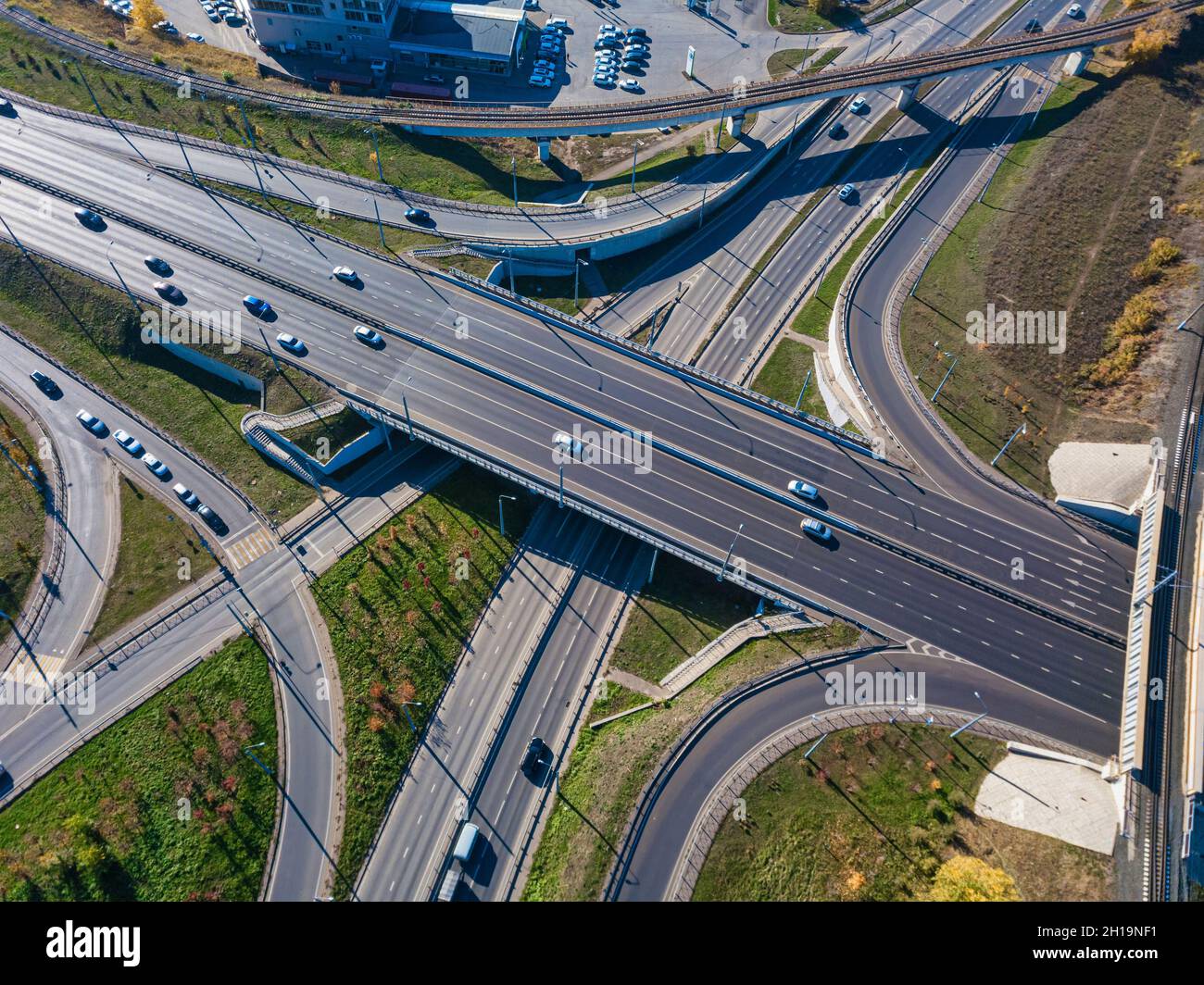 Transport junction traffic road. Aerial high above view of modern road ...