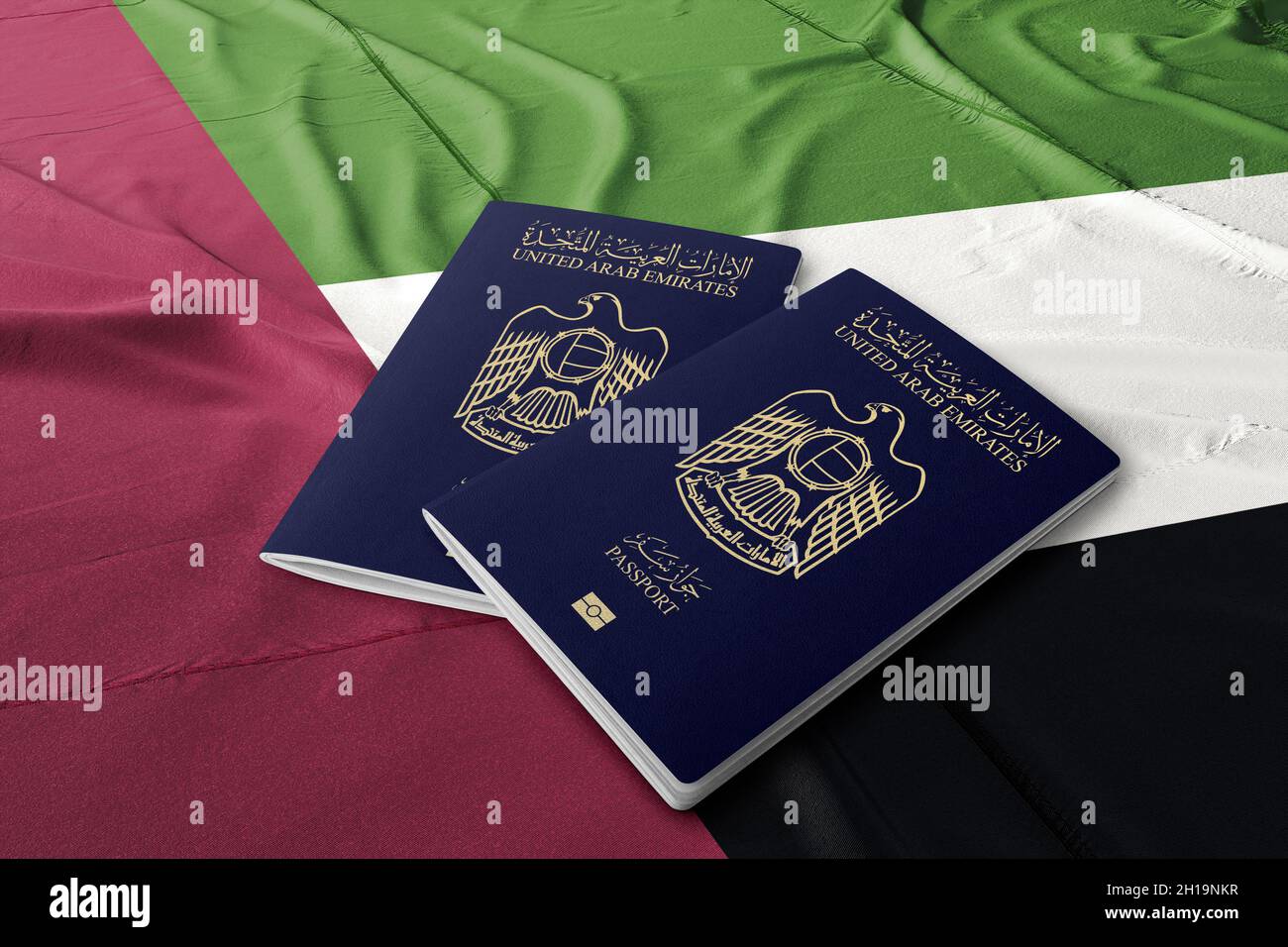 United Arab Emirates passport on the Emirates flag, Emirati nationality, Arab Gulf countries Stock Photo