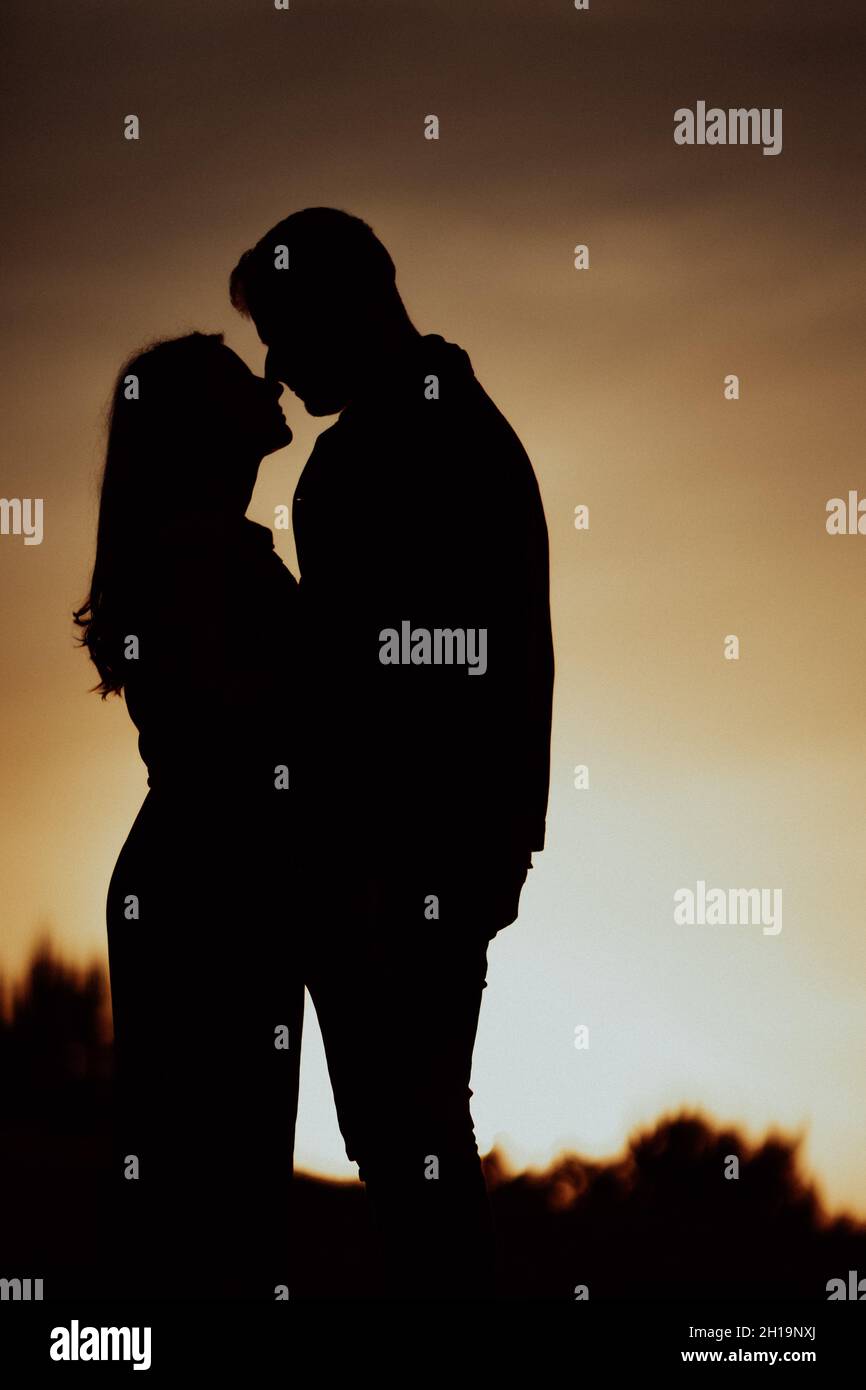 A silhouette shot of a romantic couple having an intimate moment on a ...