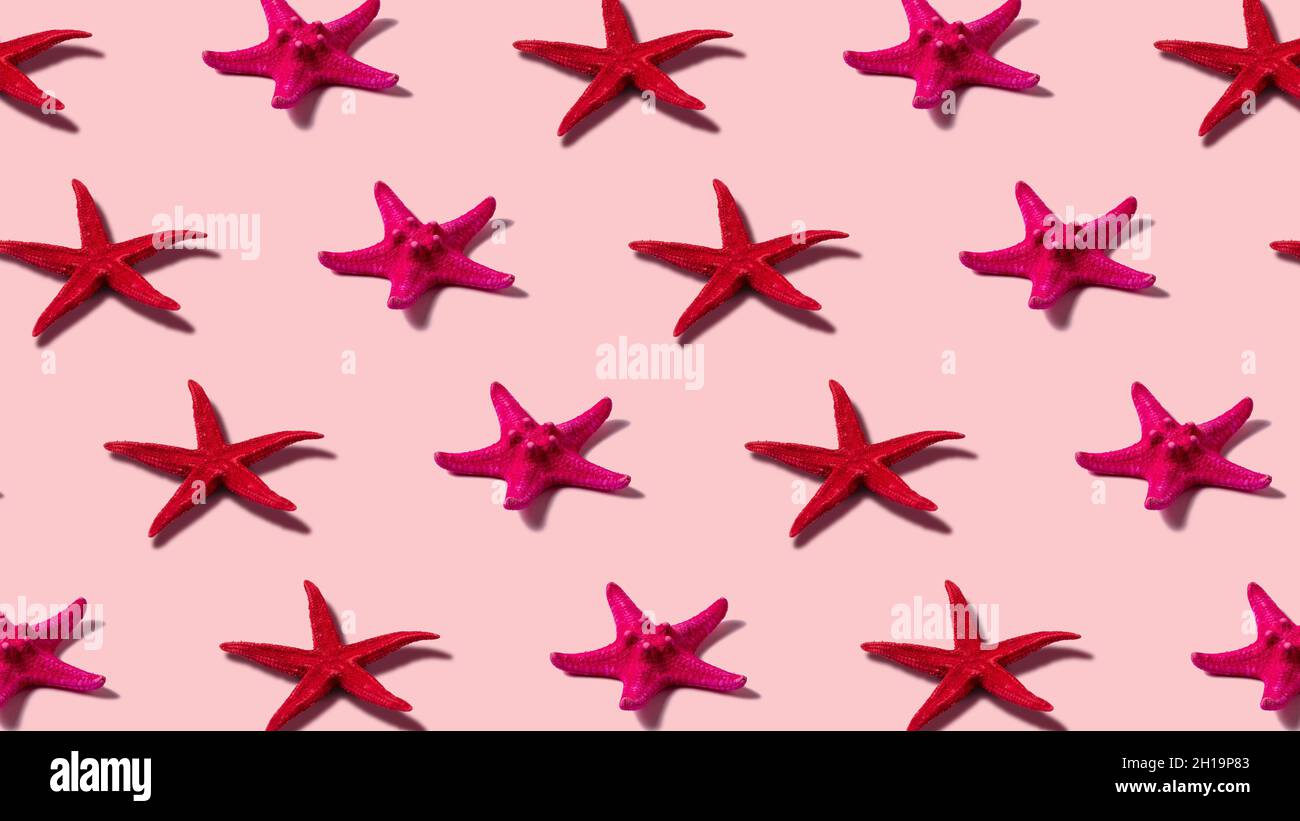 Creative pattern with starfish on blue background. Minimal summer concept. Stock Photo