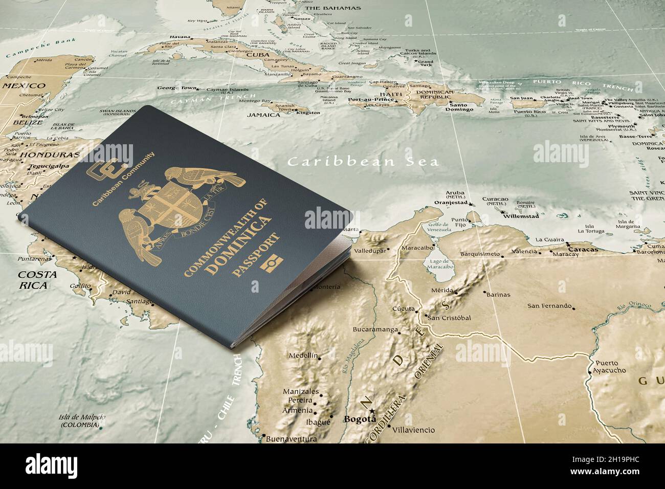 Dominica passport on a map of the Caribbean Sea, copy space Stock Photo