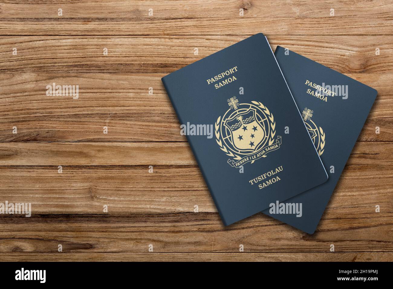 The Samoan Passport is an international travel document that is issued to Samoan citizens, on wood background Stock Photo