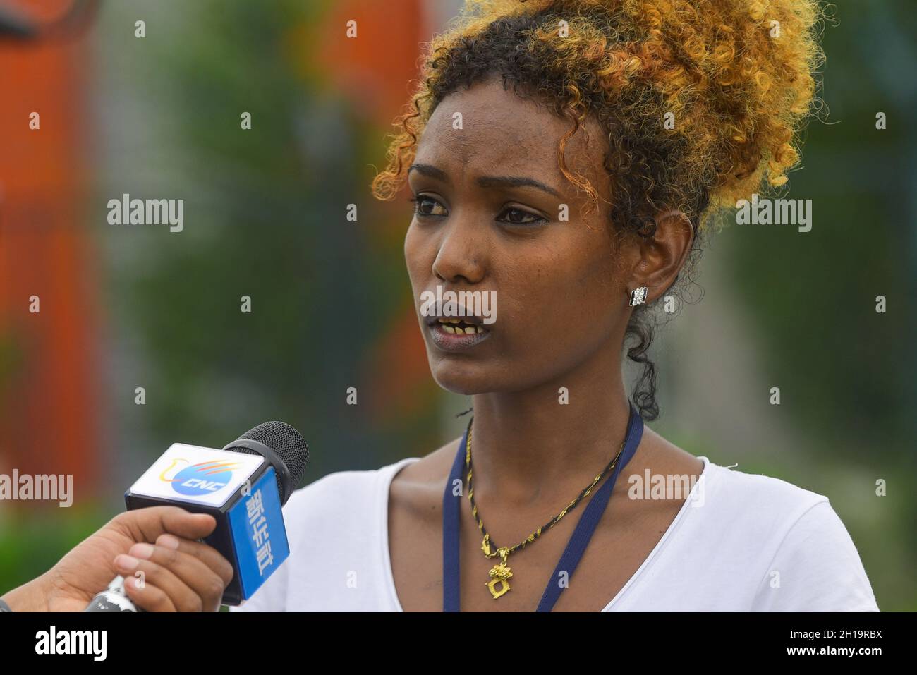 Hawassa, Ethiopia. 17th Oct, 2021. Ayalnesh Baweke, a Human Resources Management staff at NASA Garments Private Limited Company (PLC), speaks during an interview in Hawassa, Ethiopia, on Oct. 12, 2021. Credit: Michael Tewelde/Xinhua/Alamy Live News Stock Photo