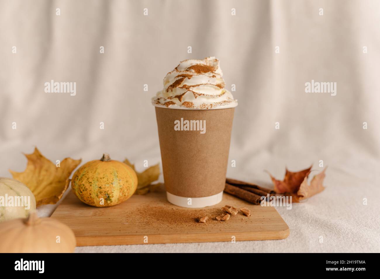 Coffee Take Away Cup in Autumn Pumpkin Set Up. Pumpkin spice latte with ...