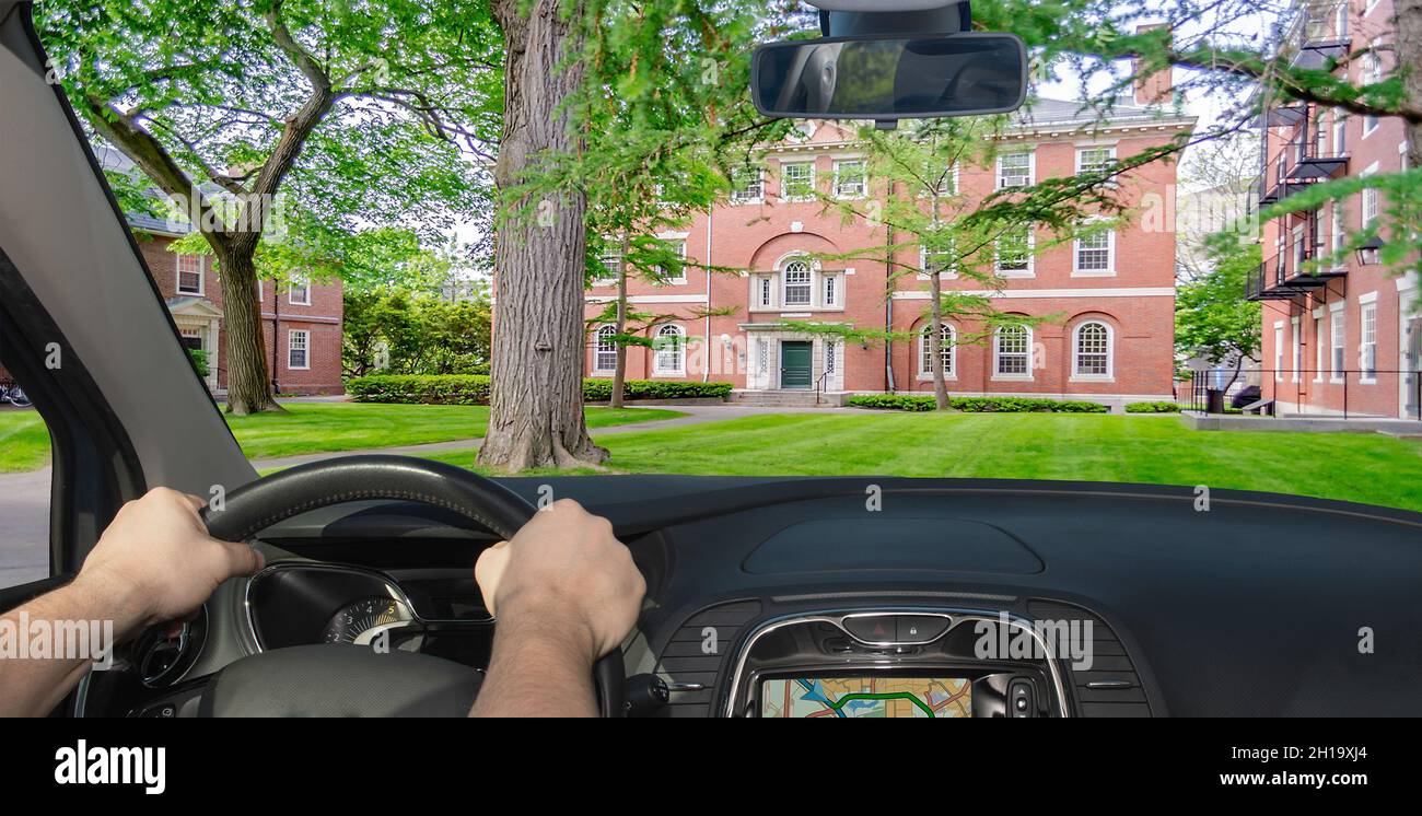 Driving a car inside the legendary Harvard University Campus in