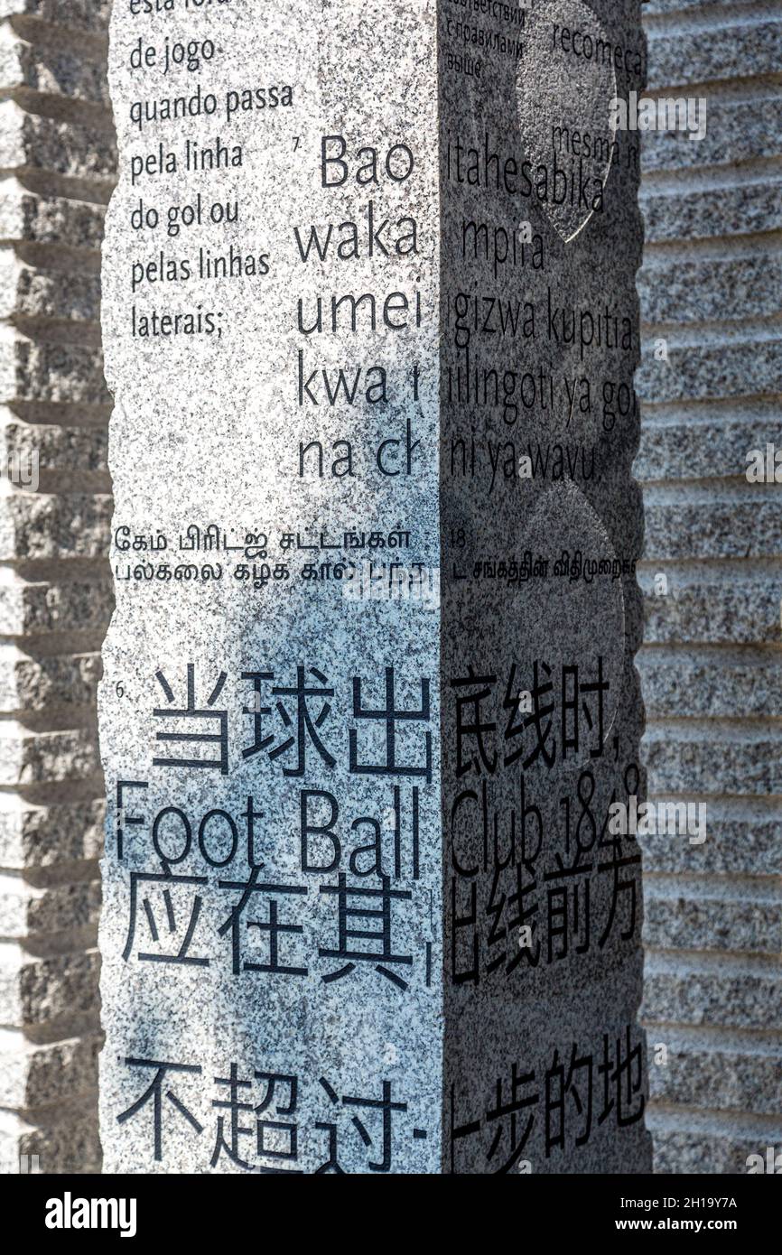 Rules Of Football monument in Parker's Piece, Cambridge, England. Stock Photo