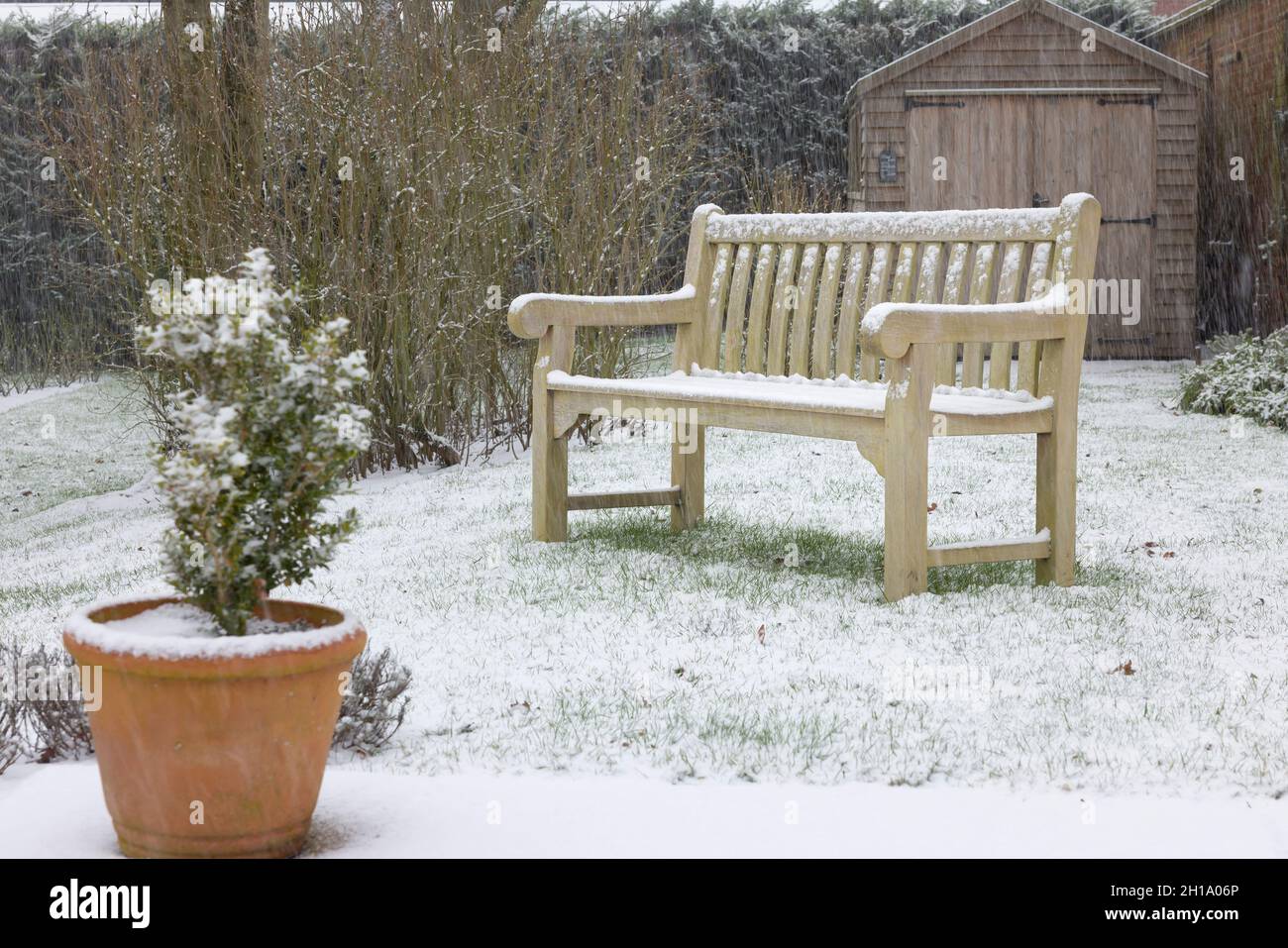 Back yard (backyard) covered in snow in winter, with a teak hardwood wooden bench on lawn. England, UK Stock Photo