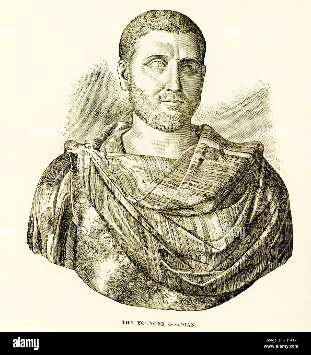 The 1884 caption for this illustration reads:  Younger Gordian -  bust of the Capitol Hall of the Emperors. Gordian III (born AD  225) was Roman emperor from 238 to 244. At the age of 13, he became the youngest sole Roman emperor. Gordian was the son of Antonia Gordiana and Junius Balbus who died before 238. Antonia Gordiana was the daughter of Emperor Gordian I and younger sister of Emperor Gordian II. Stock Photo