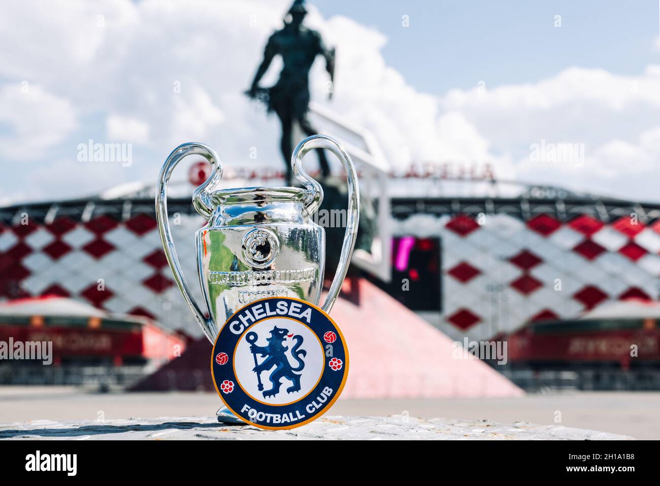June 14 21 London Uk Chelsea F C Football Club Emblem And The Uefa Champions League Cup Against The Backdrop Of A Modern Stadium Stock Photo Alamy