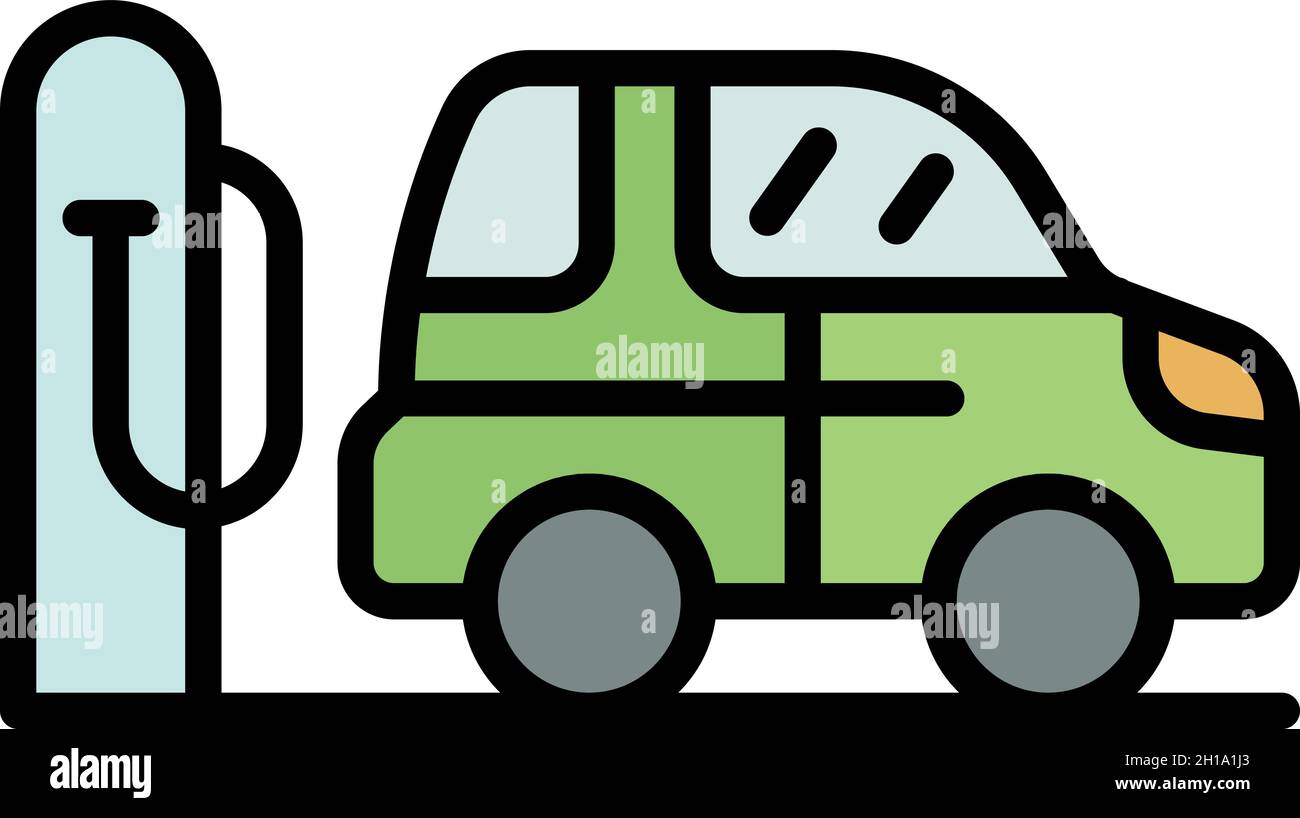 Car at charge station icon. Outline car at charge station vector icon color flat isolated Stock Vector