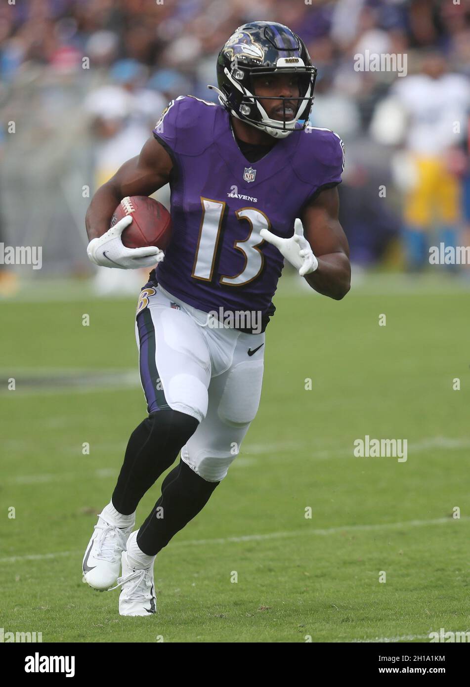Baltimore Ravens WR Devin Duvernay (13) in action during a game against the  Los Angeles Chargers at M&T Bank Stadium in Baltimore, Maryland on October  17, 2021. Photo/ Mike Buscher/Cal Sport Media