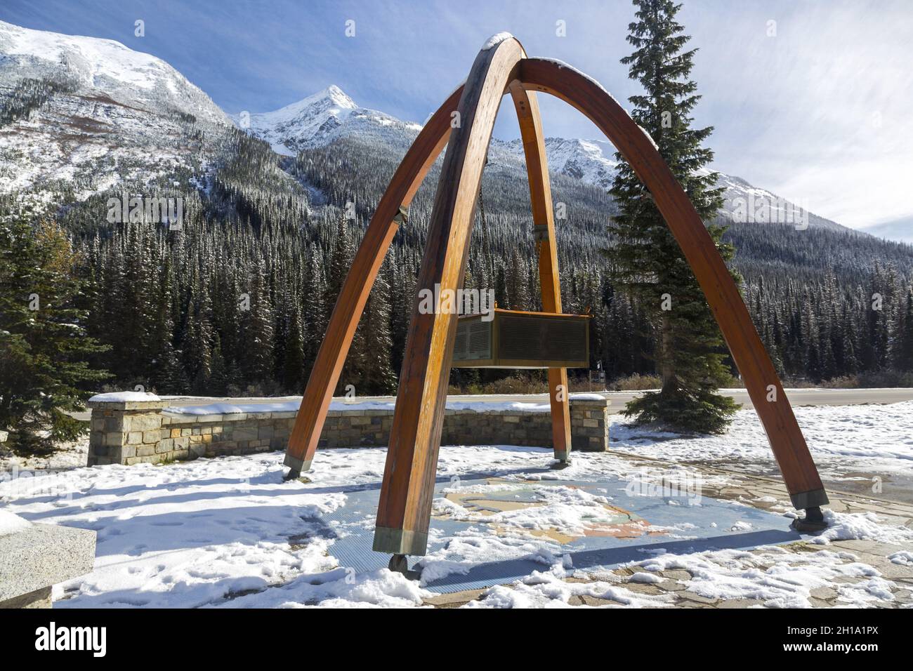 Rogers Pass Monument Arches by Trans-Canada Highway with Snowy British Columbia, Canada Selkirk Mountains Glacier National Park Landscape Stock Photo