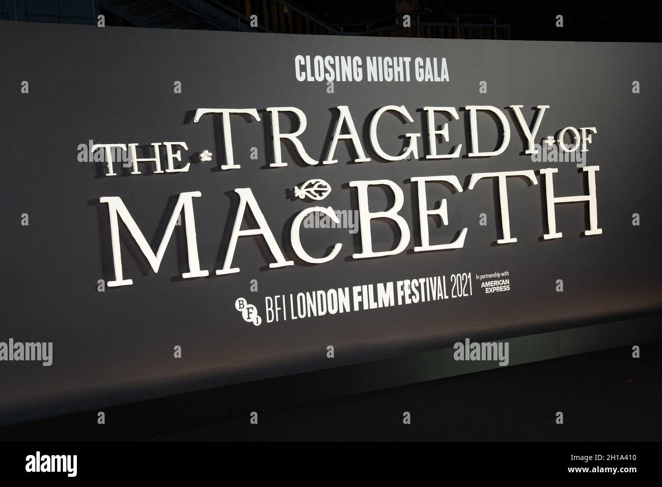 London, UK. 17th Oct, 2021. Film Billboard of “The Tragedy of Macbeth” European Premiere during the 65th BFI (British Film Institute) London Film Festival at The Royal Festival Hall. Credit: SOPA Images Limited/Alamy Live News Stock Photo