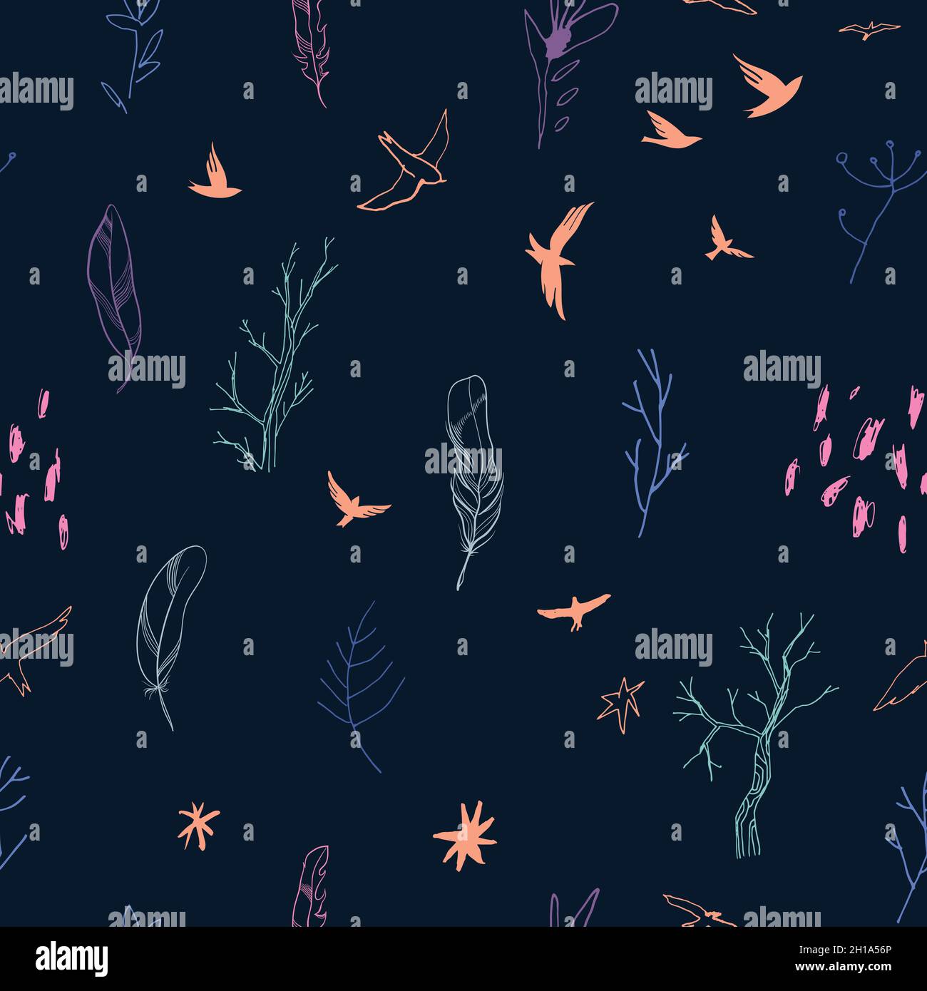 Color vector seamless pattern with birds, plants and stains. Abstract hand-drawn background. Stock Vector