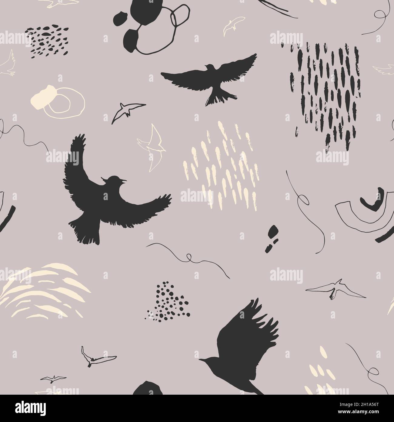 Vector seamless pattern with birds and stains. Abstract hand-drawn background. Stock Vector