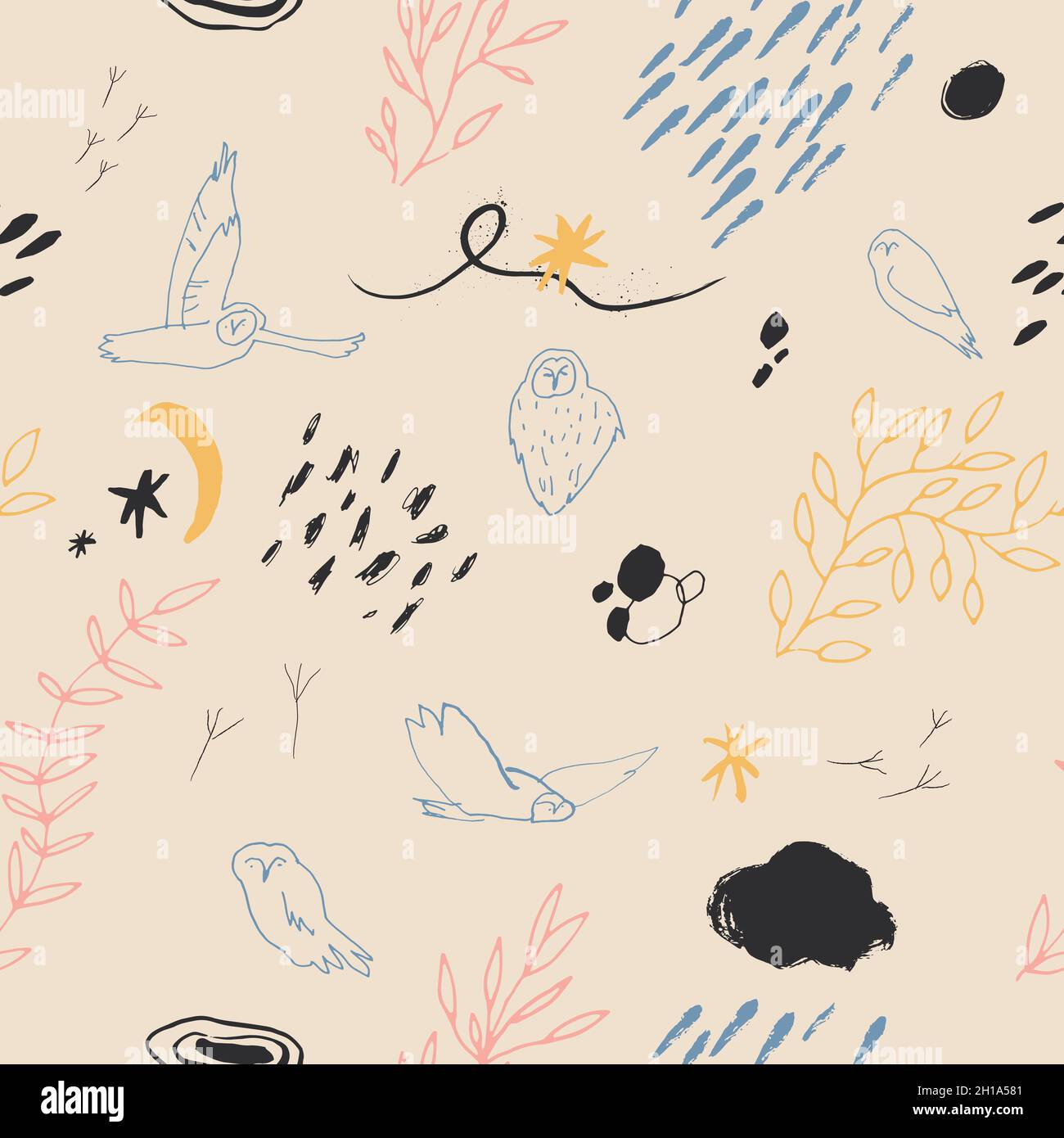 Color vector seamless pattern with birds owls, plants and stains ...