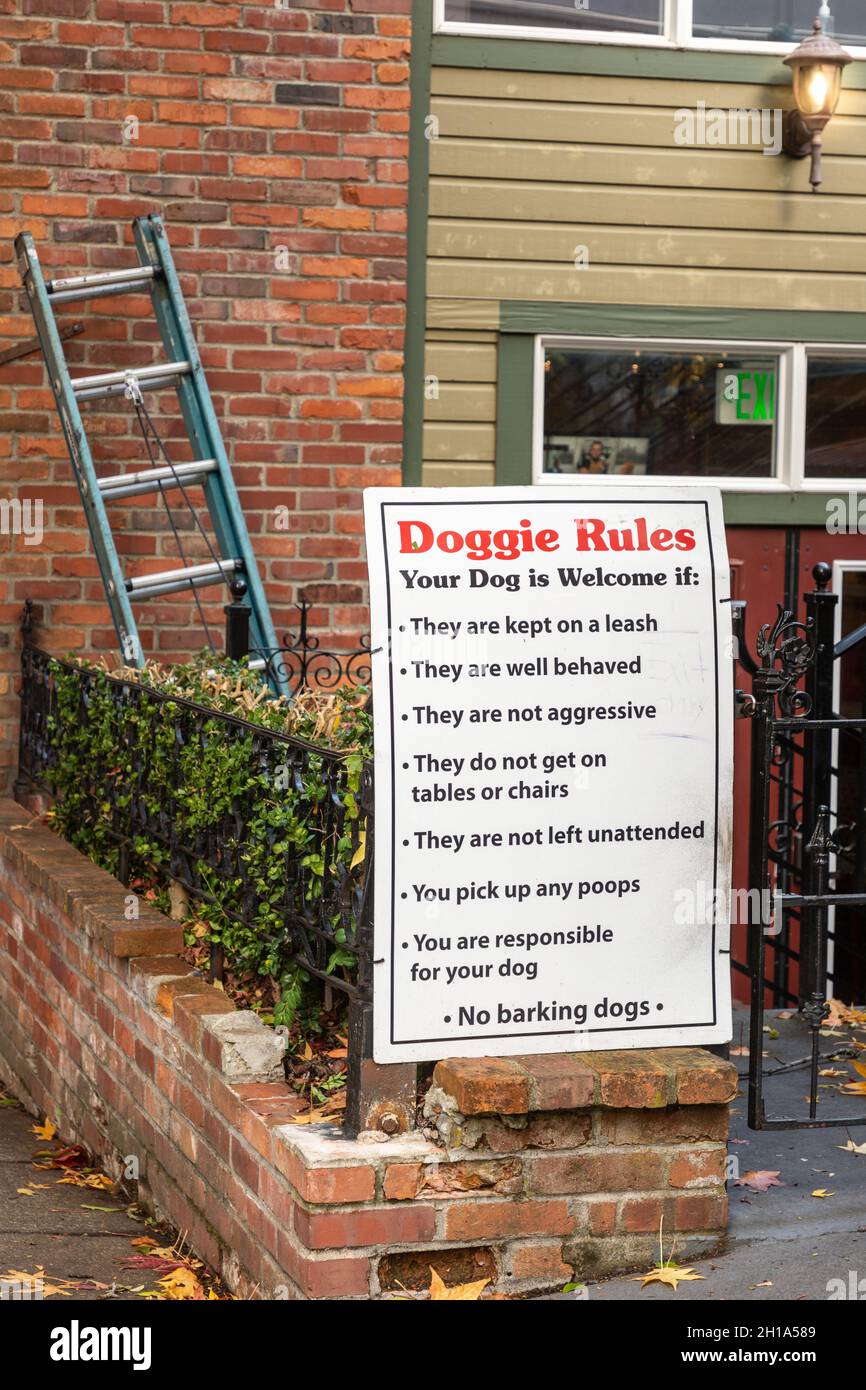 Bellingham, WA USA - 10-10-2021: A Sign Doggie Rules outline expected puppy behavior at local restaurant Stock Photo