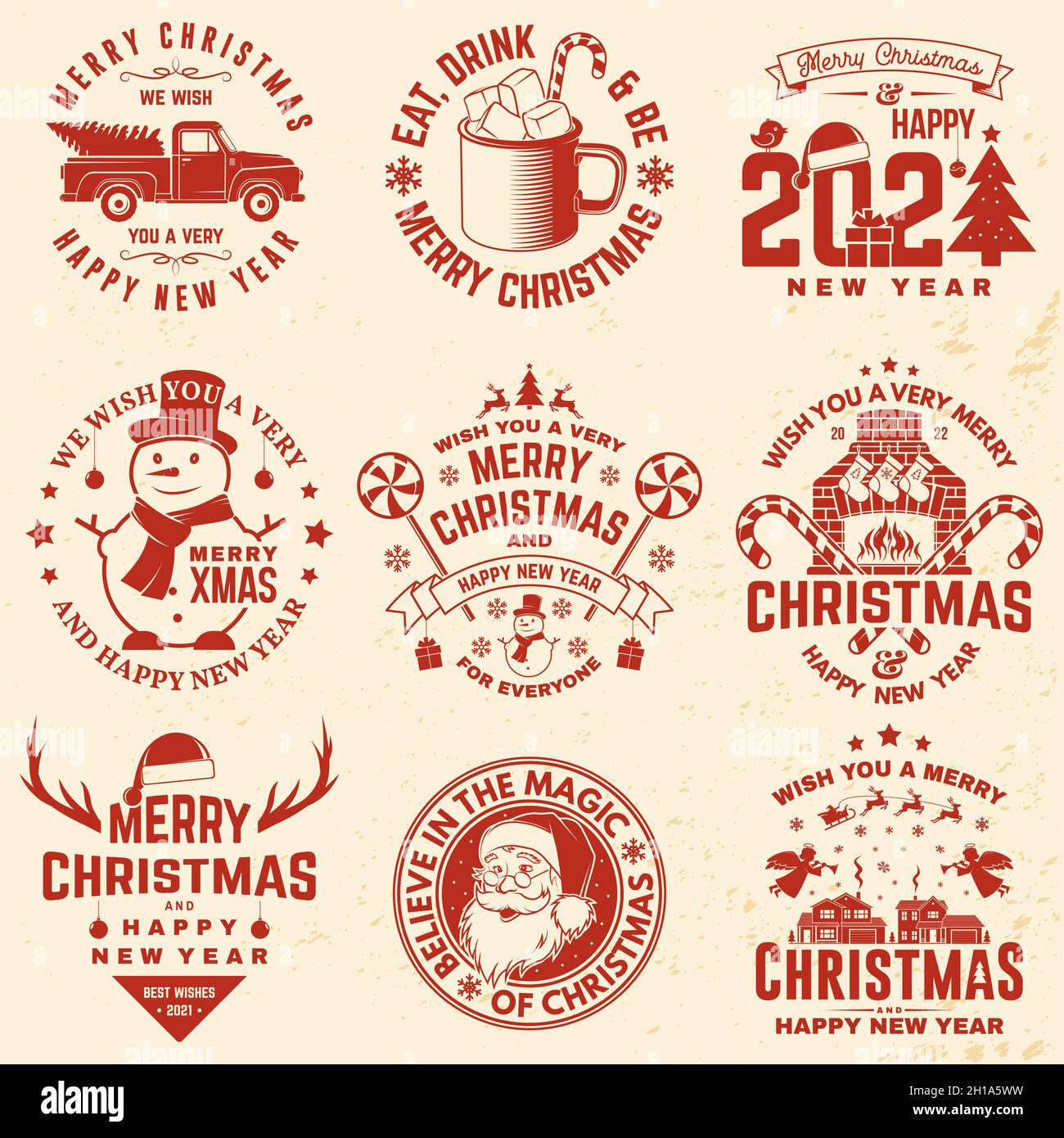 Set of Merry Christmas and Happy New Year stamp, sticker with Santa Claus, snowman, fireplace, chocolate with marshmallows and candy. Vector. Vintage Stock Vector