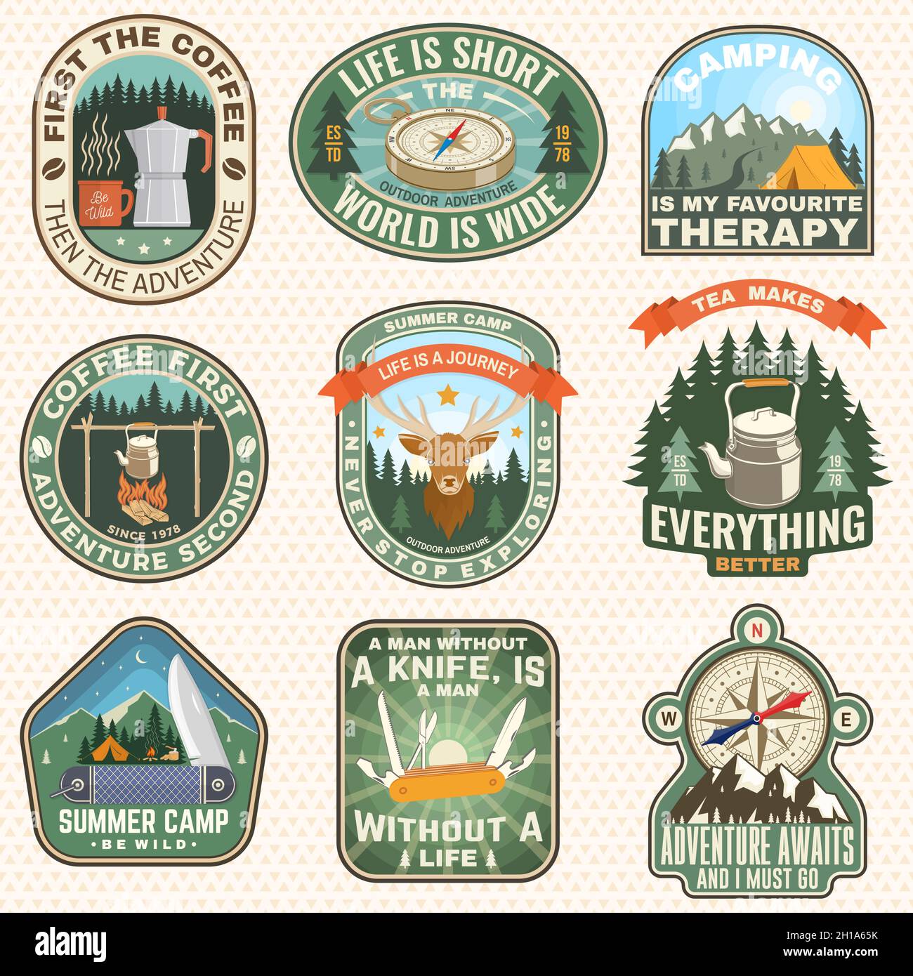 Premium Vector  Vintage mountain camping badges logos set, adventure  patches. hand drawn stickers designs bundle. travel expedition, hiking  labels. outdoor sports emblems. logotypes collection. stock vector.