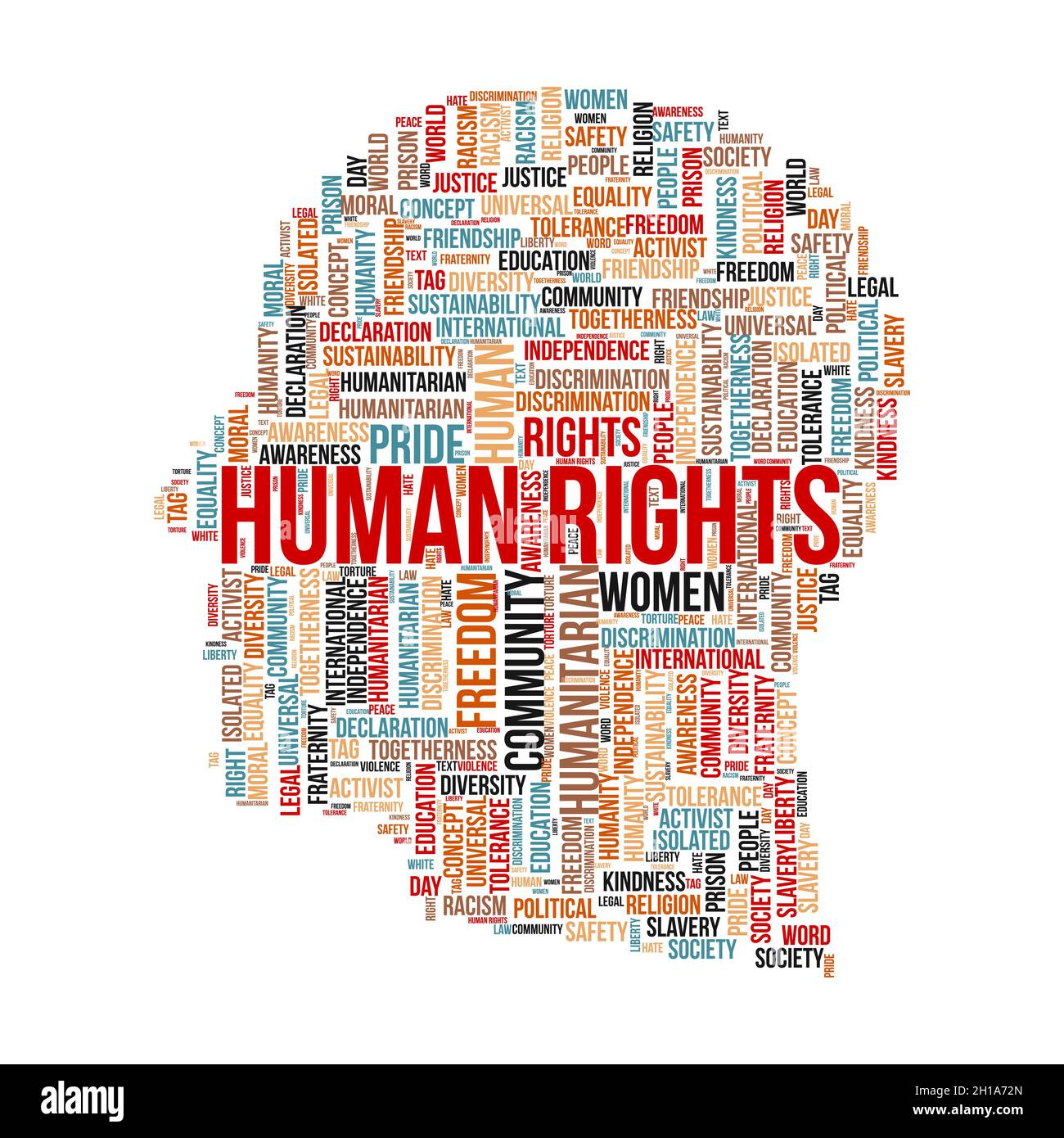 Human rights word cloud concept with human head symbol. Stock Vector