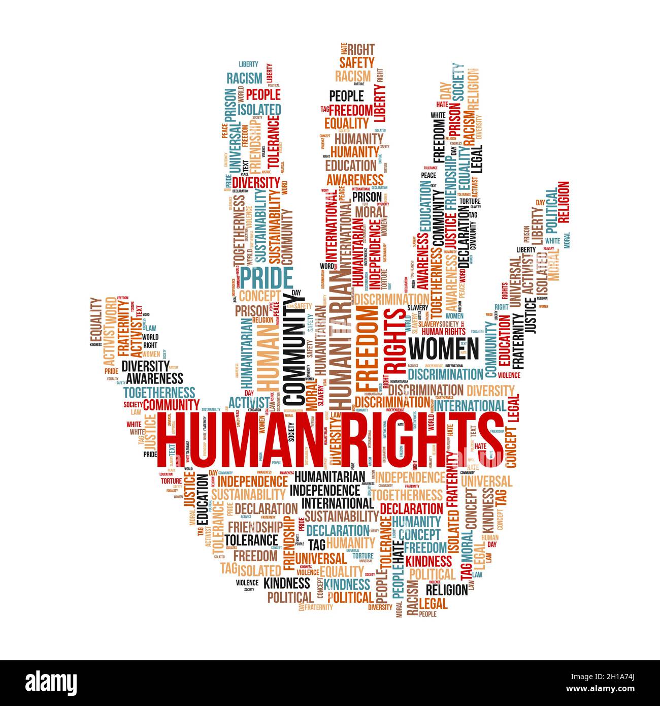 Human rights word cloud concept with hand symbol. Stock Vector