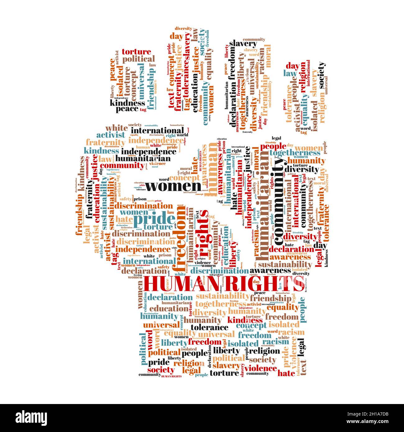 Human rights word cloud concept with hand symbol. Stock Vector