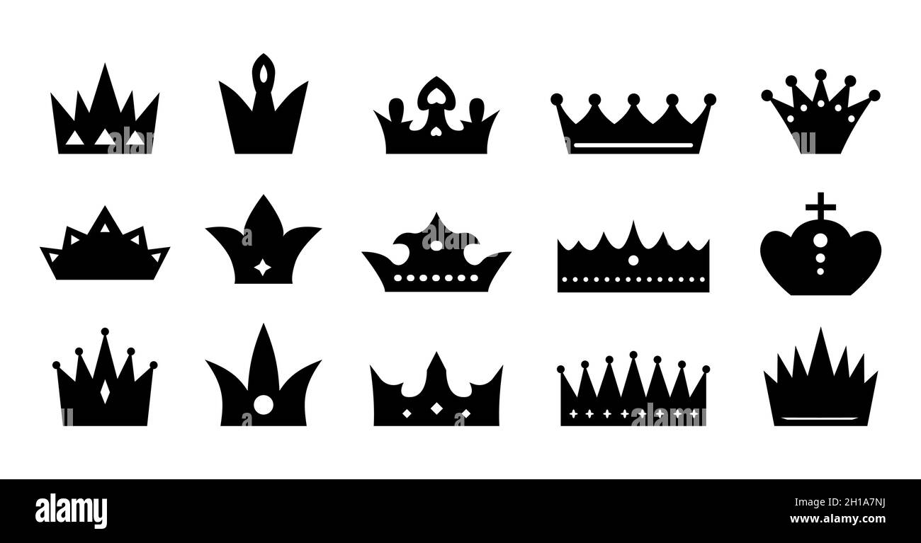 Crown icons silhouettes flat style set. Coronas for prince or princess ring and queen isolated on white background. Decor for website, price tag, products. Object for card. Heraldic element collection Stock Vector