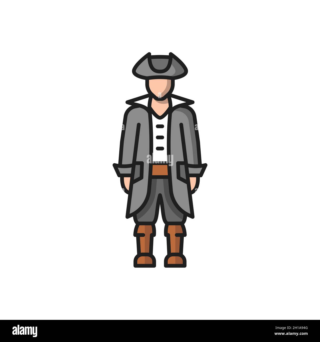 Conquistador medieval conqueror isolated flat cartoon icon. Vector traditional spanish man in national costume, broad hat, long coat and high boots. S Stock Vector