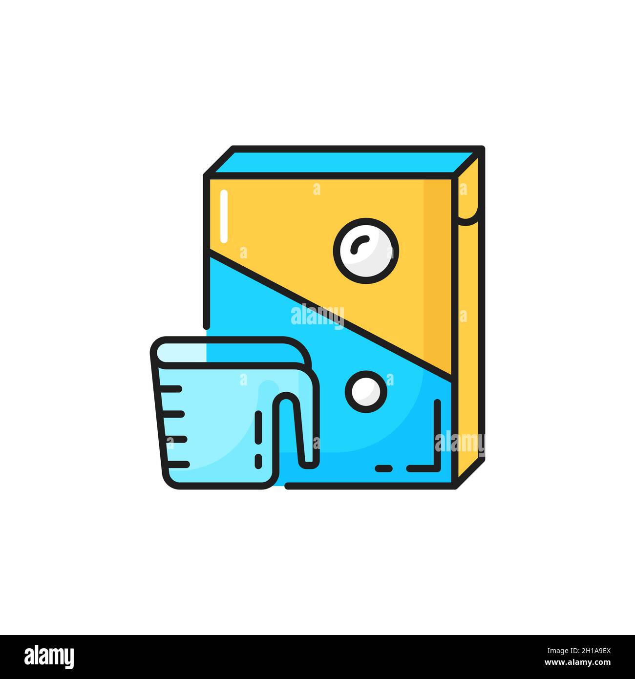 Measuring cup and washing powder detergent package isolated color line icon. Vector detergent in
