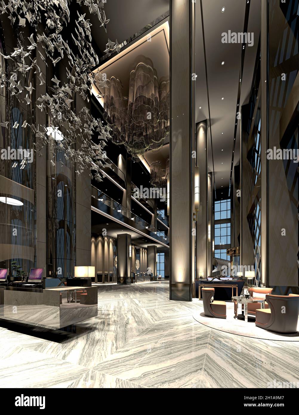 3d render of luxury building lobby reception Stock Photo