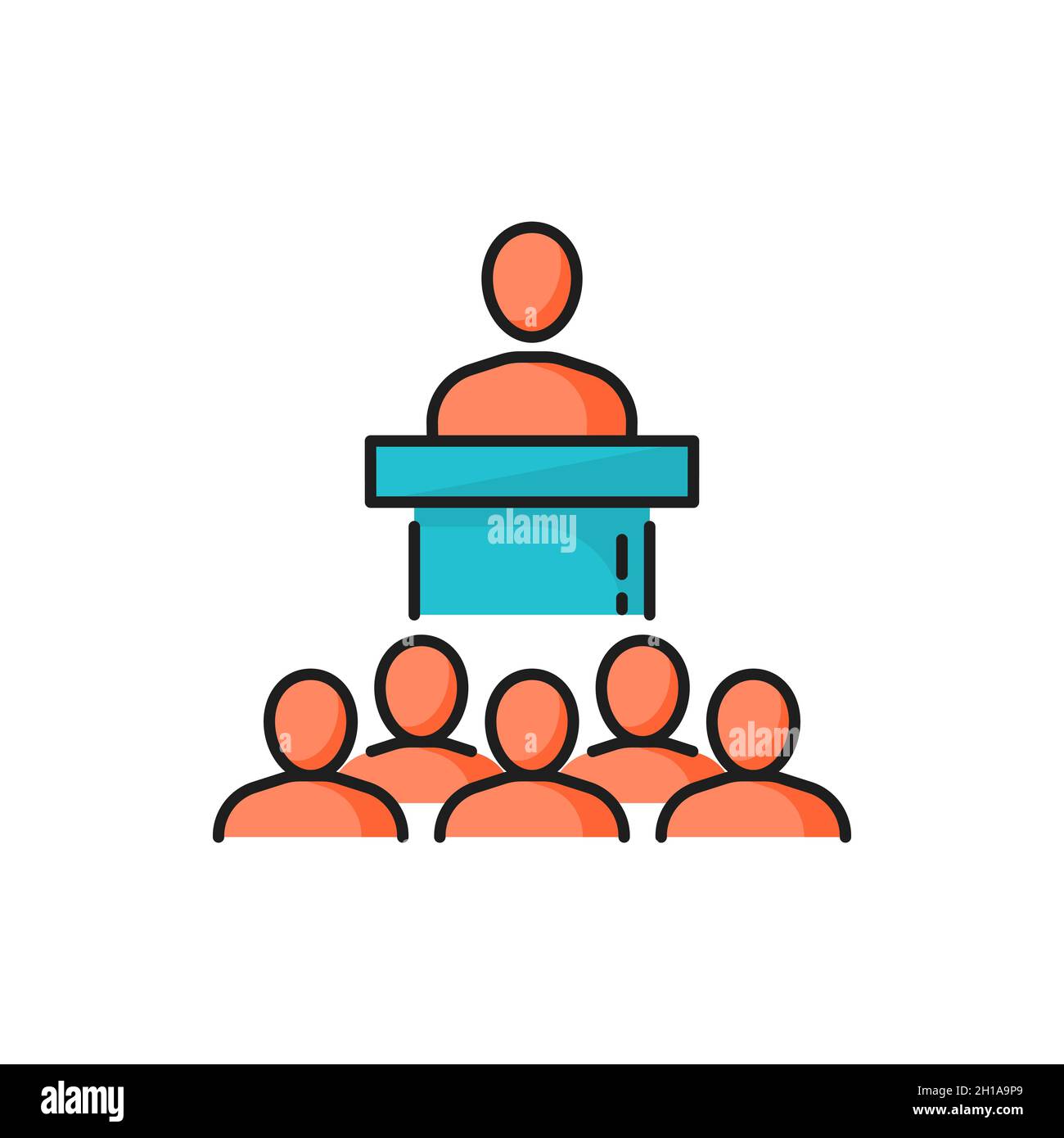 President, boss or politician speaking on podium isolated color line icon. Vector brainstorming and cooperation, interviewing, recruitment. Business m Stock Vector