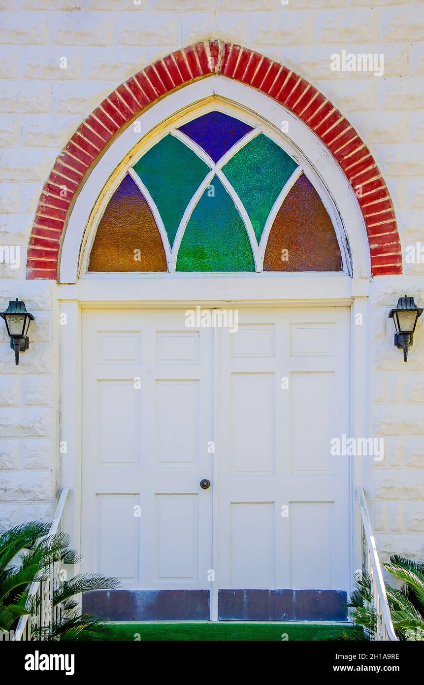 The doors of Twin Beech AME Zion Church are pictured, Oct. 16, 2021, in Fairhope, Alabama. The church was built in 1925. Stock Photo