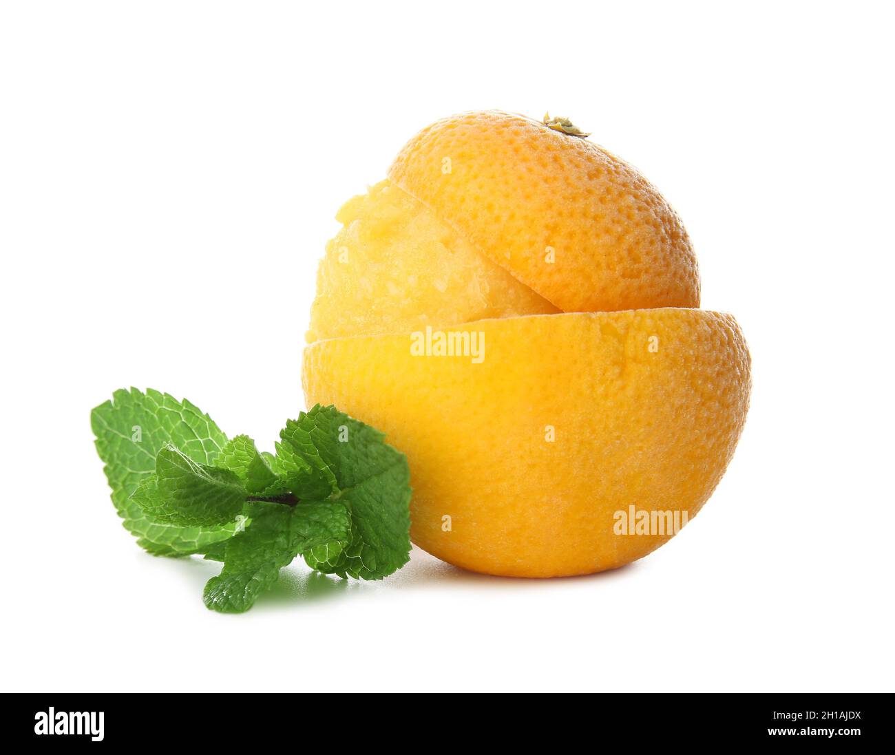 Tasty ice cream in orange peel on white background Stock Photo Alamy
